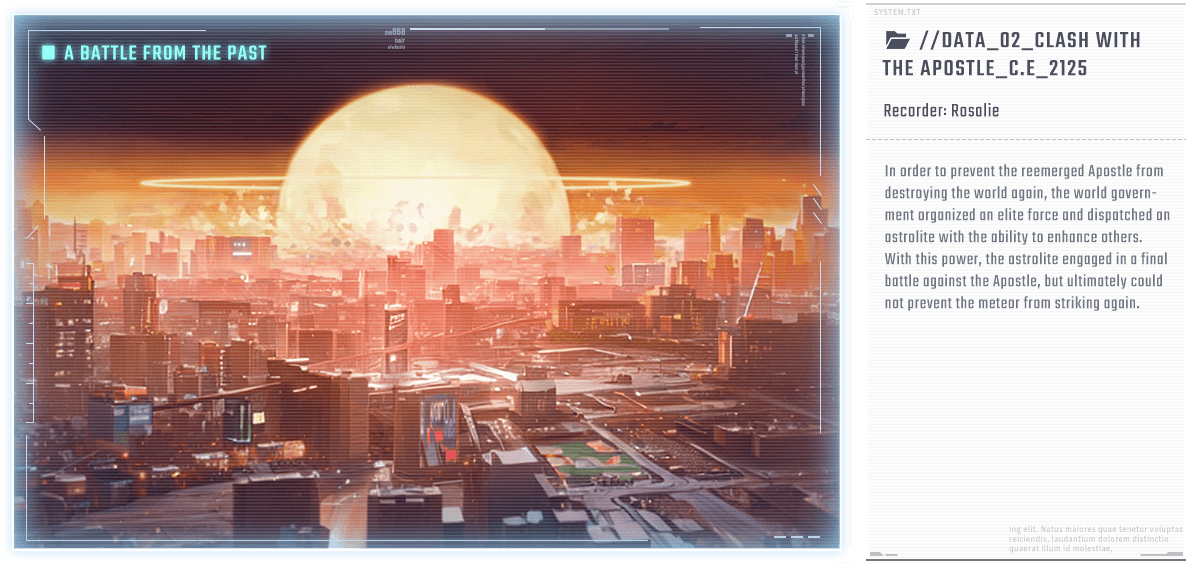 In order to prevent the reemerged Apostle from destroying the world again, the world government organized an elite force and dispatched an astrolite with the ability to enhance others. With this power, the astrolite engaged in a final battle against the Apostle, but ultimately could not prevent the meteor from striking again.