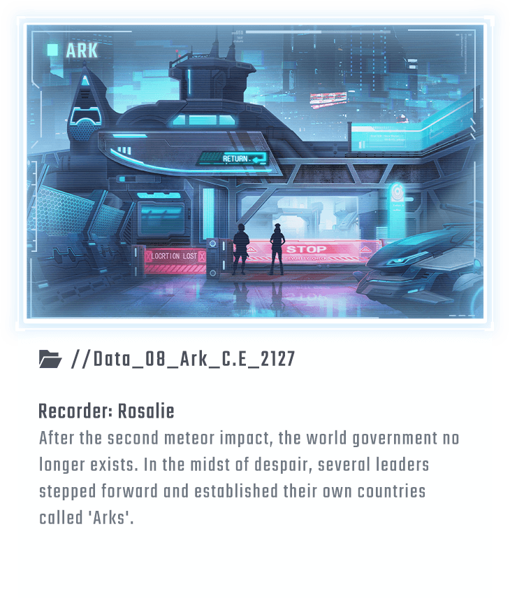 After the second meteor impact, the world government no longer exists. In the midst of despair, several leaders stepped forward and established their own countries called 'Arks'.