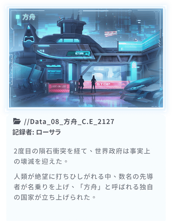 2度目の隕石衝突を経て、世界政府は事実上の壊滅を迎えた。人類が絶望に打ちひしがれる中、数名の先導者が名乗りを上げ、「方舟」と呼ばれる独自の国家が立ち上げられた。