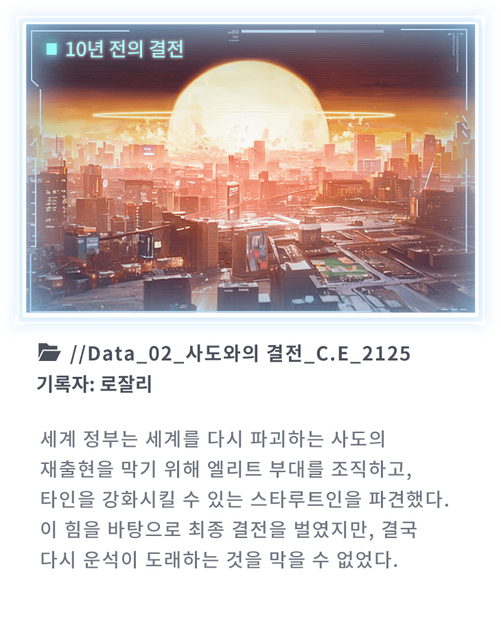 세계 정부는 세계를 다시 파괴하는 사도의 재출현을 막기 위해 엘리트 부대를 조직하고, 타인을 강화시킬 수 있는 스타루트인을 파견했다. 이 힘을 바탕으로 최종 결전을 벌였지만, 결국 다시 운석이 도래하는 것을 막을 수 없었다.